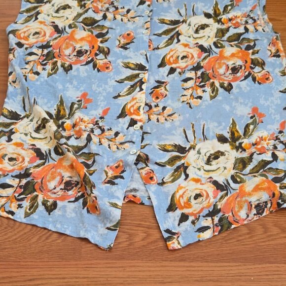 Joie Top Womens Large Blue Floral Linen Short Sleeve Casual Beachy Button Back - Picture 10 of 12